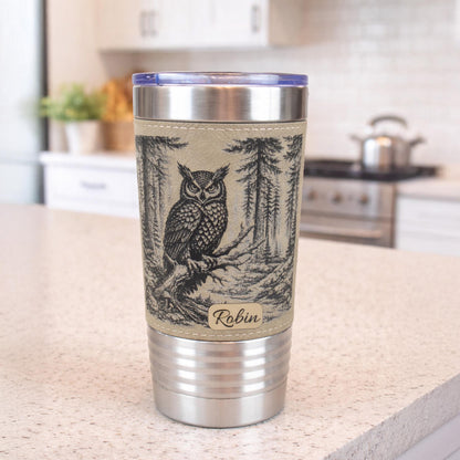 Owl Lover Engraved Travel Tumbler – 20 oz. Personalized Leatherette Wrap