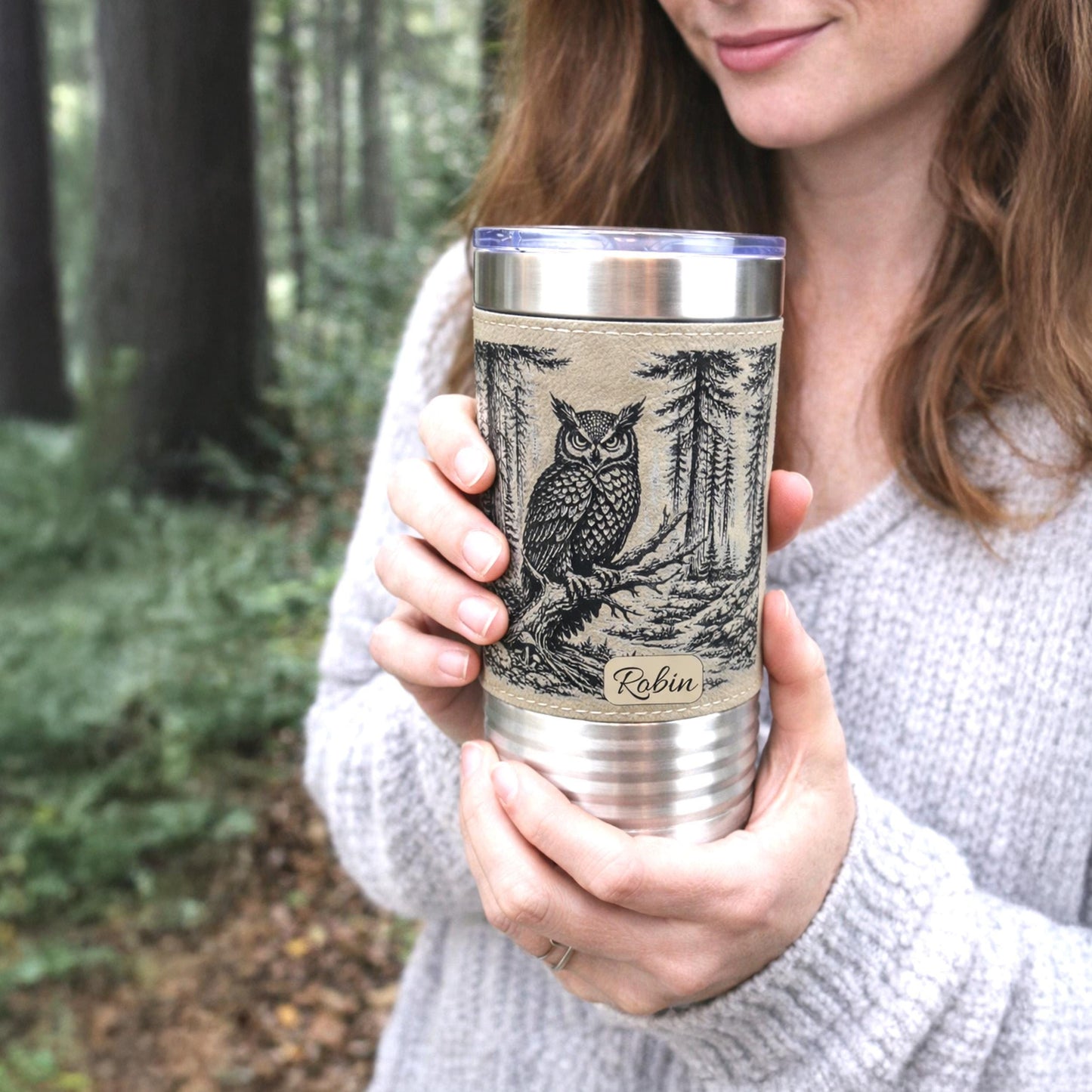Owl Lover Engraved Travel Tumbler – 20 oz. Personalized Leatherette Wrap