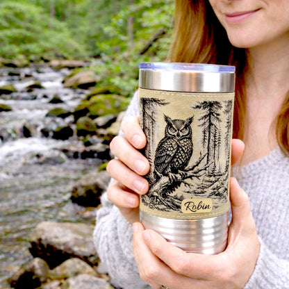 Owl Lover Engraved Travel Tumbler – 20 oz. Personalized Leatherette Wrap