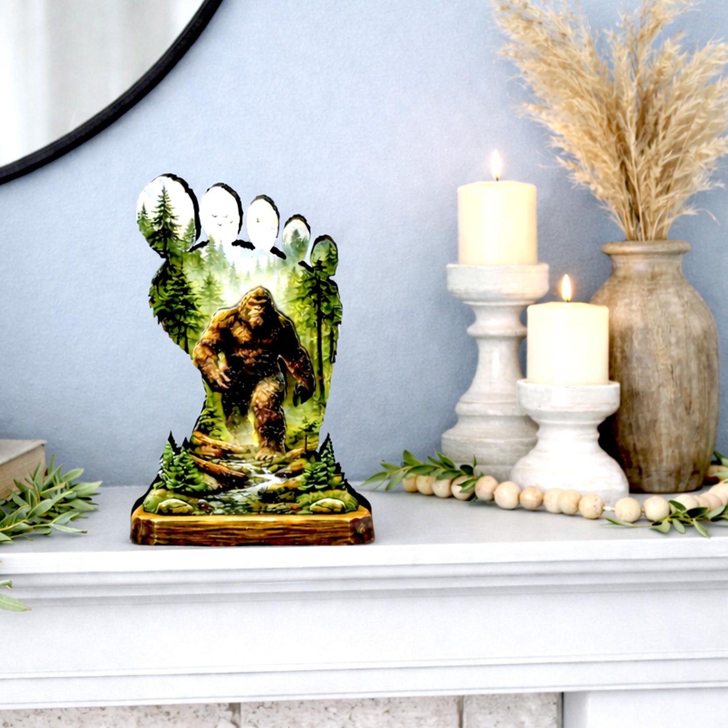 Personalized Multi-layered Wooden Bigfoot Shelf Sitter – Sasquatch Mountain Decor, Mantel & Tiered Tray Decor