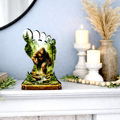 Personalized Multi-layered Wooden Bigfoot Shelf Sitter – Sasquatch Mountain Decor, Mantel & Tiered Tray Decor