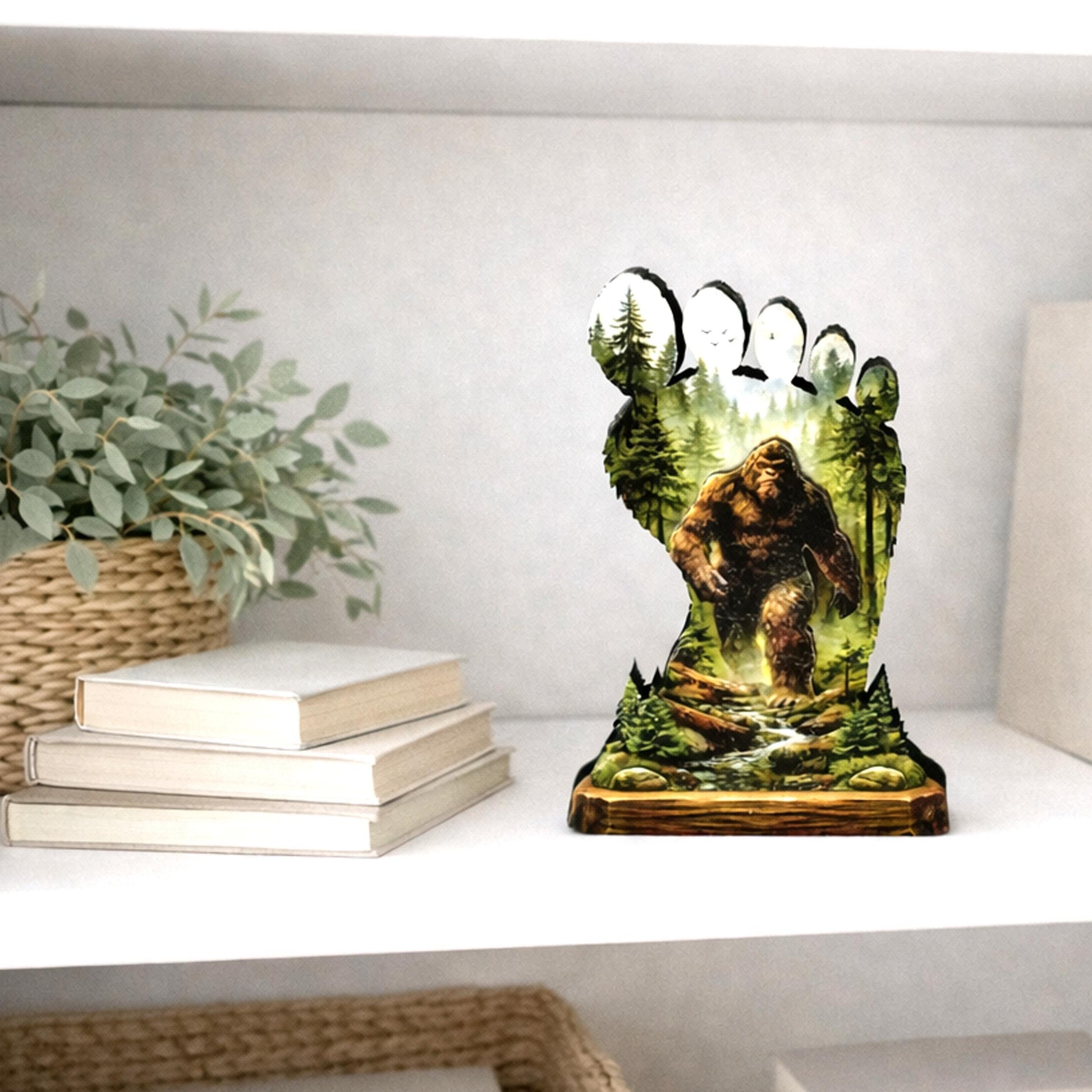 Personalized Multi-layered Wooden Bigfoot Shelf Sitter – Sasquatch Mountain Decor, Mantel & Tiered Tray Decor