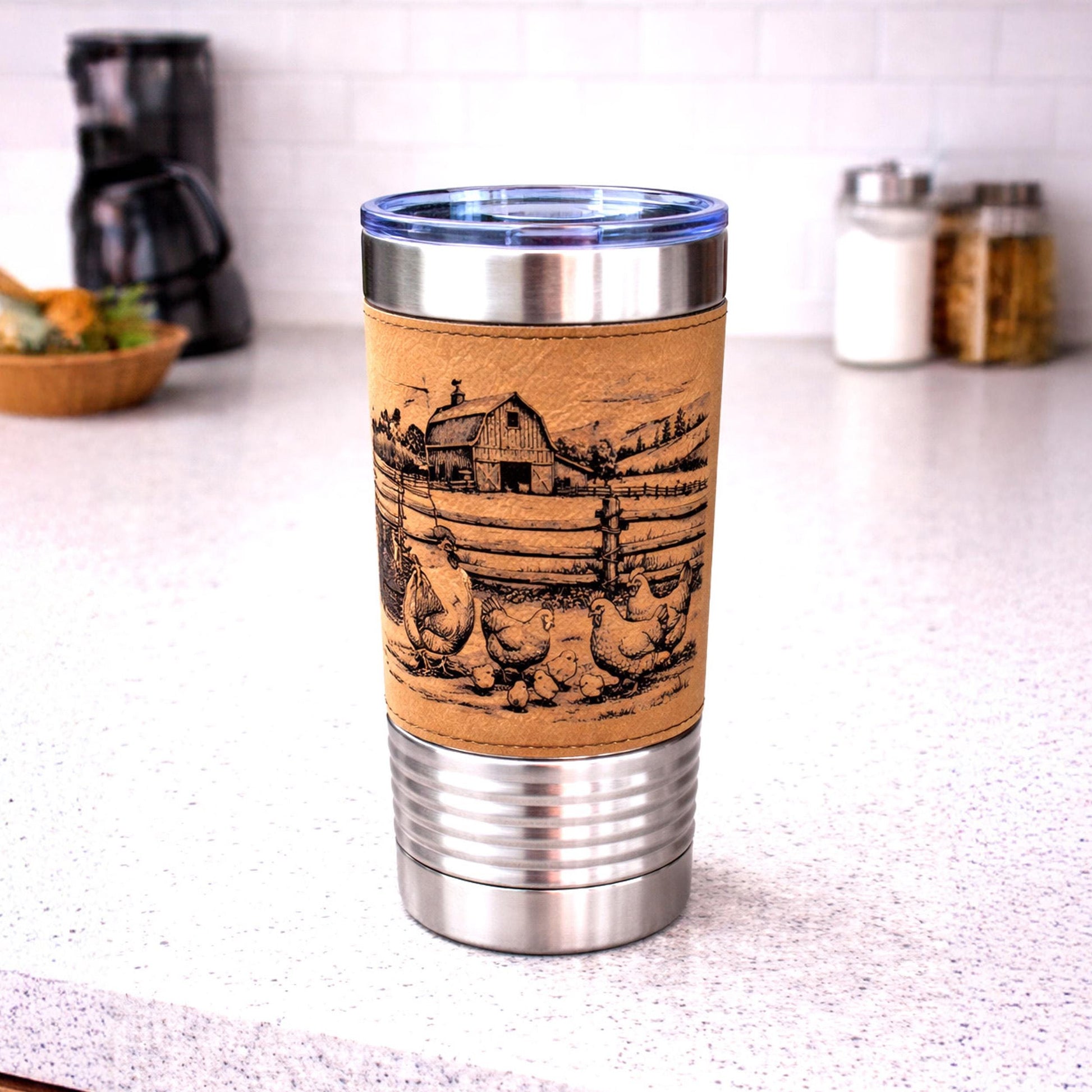 Farm Chickens Engraved 20 oz Travel Tumbler – Personalized Leatherette Wrap, Custom Name Coffee Mug, Perfect Chicken Lover Gift