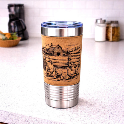 Farm Chickens Engraved 20 oz Travel Tumbler – Personalized Leatherette Wrap, Custom Name Coffee Mug, Perfect Chicken Lover Gift