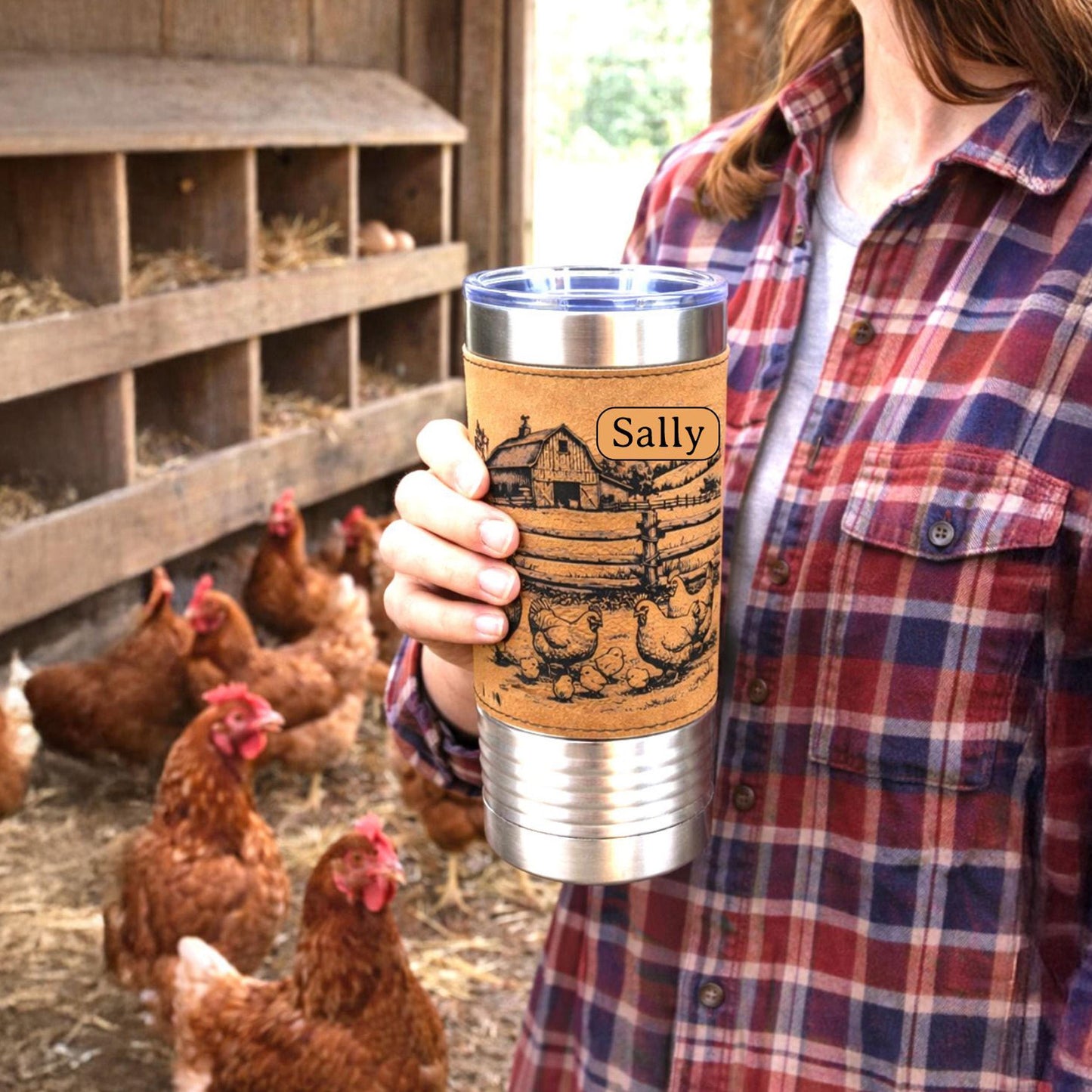 Farm Chickens Engraved 20 oz Travel Tumbler – Personalized Leatherette Wrap, Custom Name Coffee Mug, Perfect Chicken Lover Gift