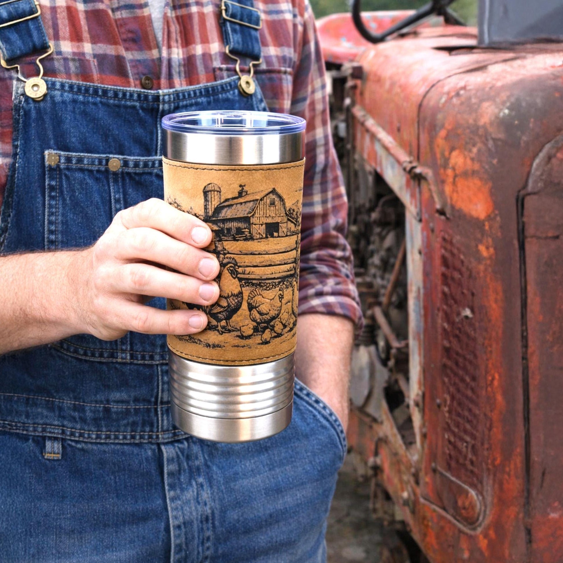 Farm Chickens Engraved 20 oz Travel Tumbler – Personalized Leatherette Wrap, Custom Name Coffee Mug, Perfect Chicken Lover Gift
