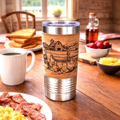 Farm Chickens Engraved 20 oz Travel Tumbler – Personalized Leatherette Wrap, Custom Name Coffee Mug, Perfect Chicken Lover Gift