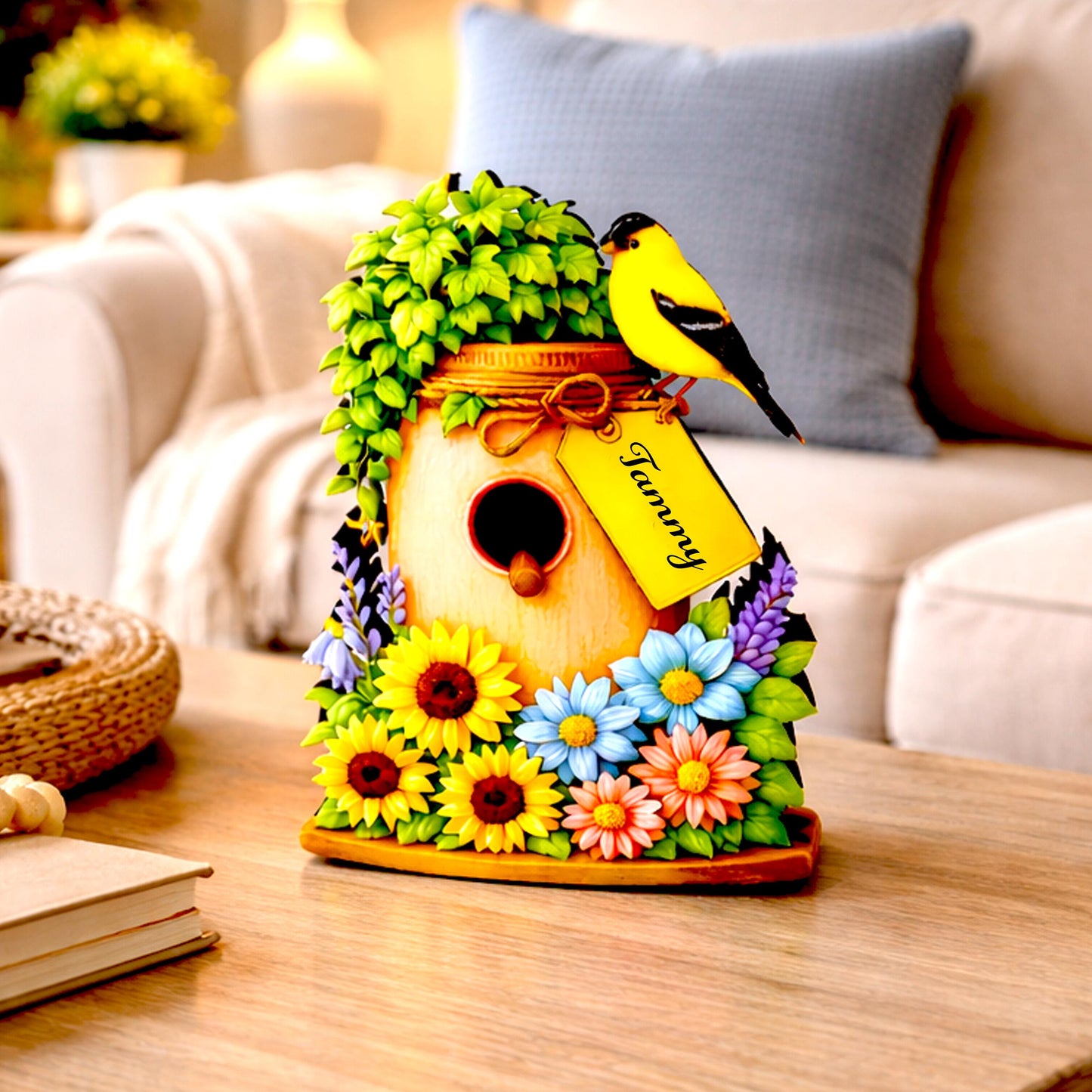 Personalized Spring Mason Jar Shelf Sitter – Chickadee and Sunflowers – Custom Name Kids Room Decor, Wooden Bird House Mantel & Tiered Tray