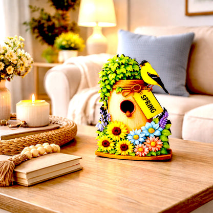 Personalized Spring Mason Jar Shelf Sitter – Chickadee and Sunflowers – Custom Name Kids Room Decor, Wooden Bird House Mantel & Tiered Tray