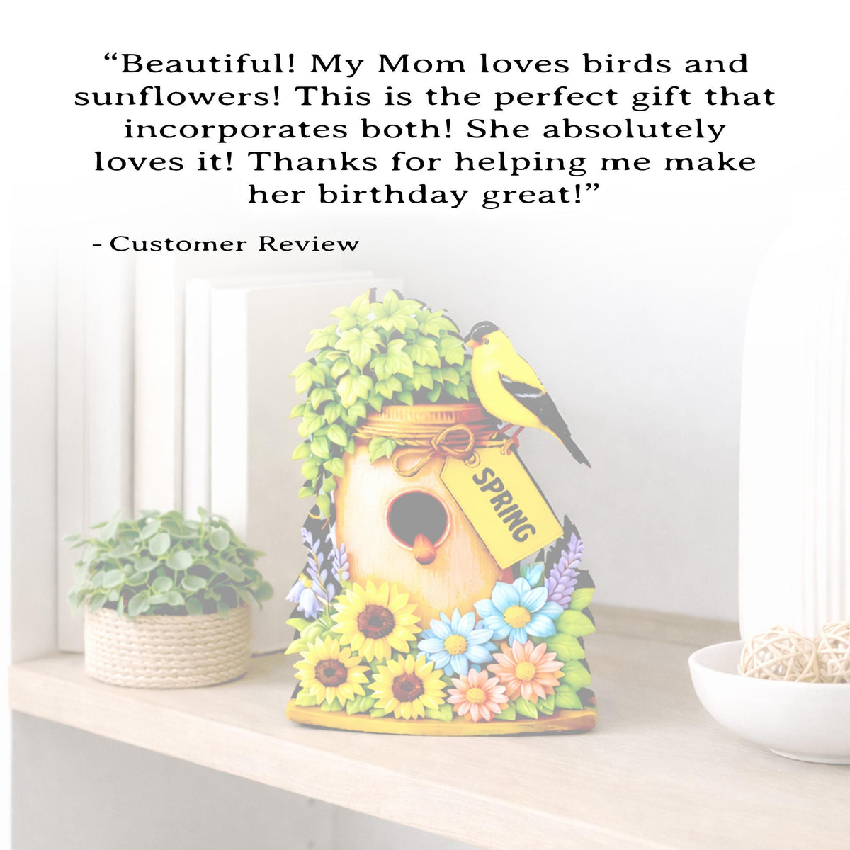 Personalized Spring Mason Jar Shelf Sitter – Chickadee and Sunflowers – Custom Name Kids Room Decor, Wooden Bird House Mantel & Tiered Tray