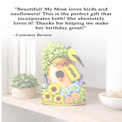 Personalized Spring Mason Jar Shelf Sitter – Chickadee and Sunflowers – Custom Name Kids Room Decor, Wooden Bird House Mantel & Tiered Tray