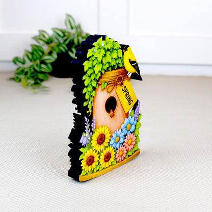 Personalized Spring Mason Jar Shelf Sitter – Chickadee and Sunflowers – Custom Name Kids Room Decor, Wooden Bird House Mantel & Tiered Tray