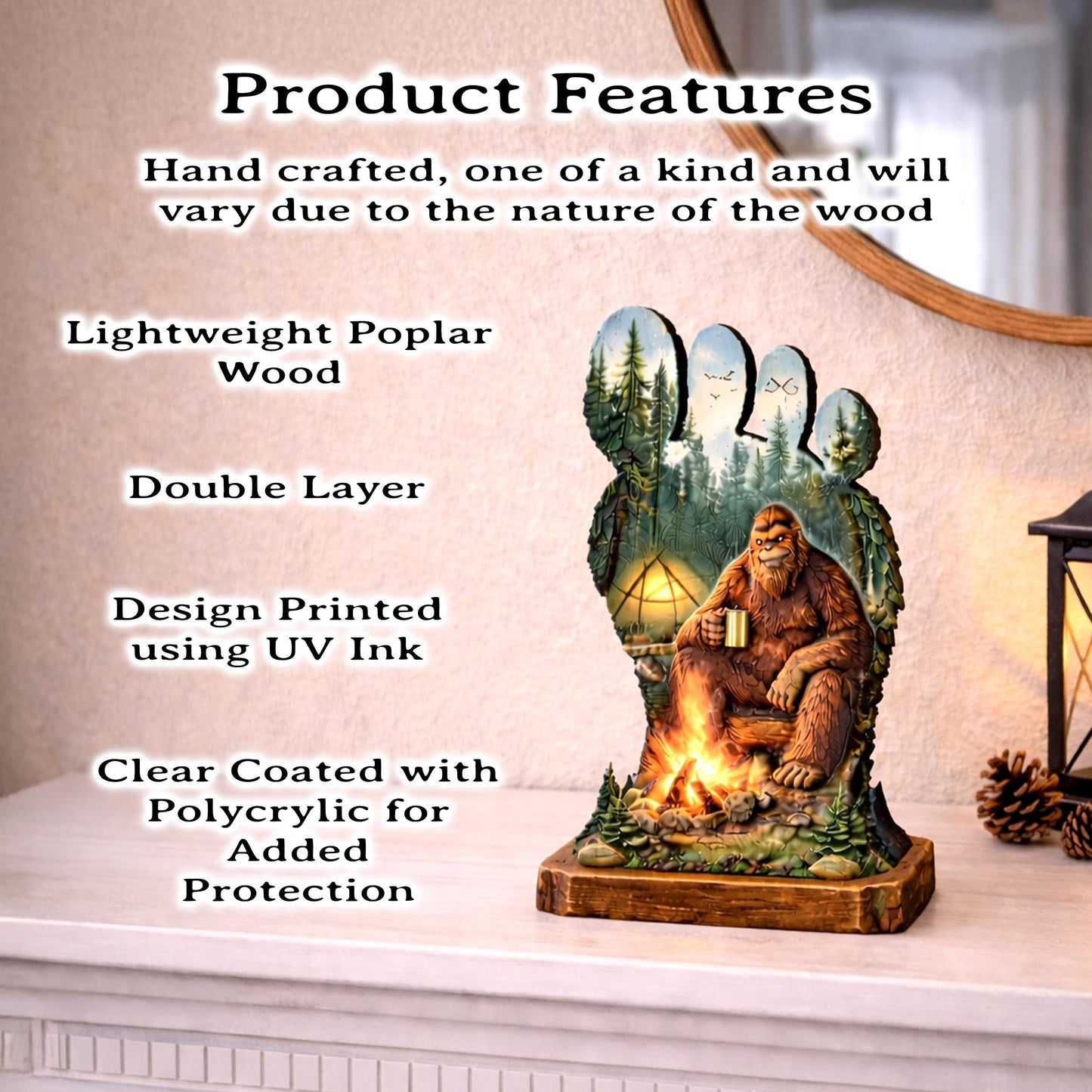 Personalized Multi-Layer Bigfoot Campfire Shelf Sitter – Sasquatch Cabin Decor – Custom Name, Wooden Bigfoot Mantel & Tiered Tray Decor
