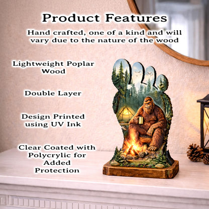 Personalized Multi-Layer Bigfoot Campfire Shelf Sitter – Sasquatch Cabin Decor – Custom Name, Wooden Bigfoot Mantel & Tiered Tray Decor