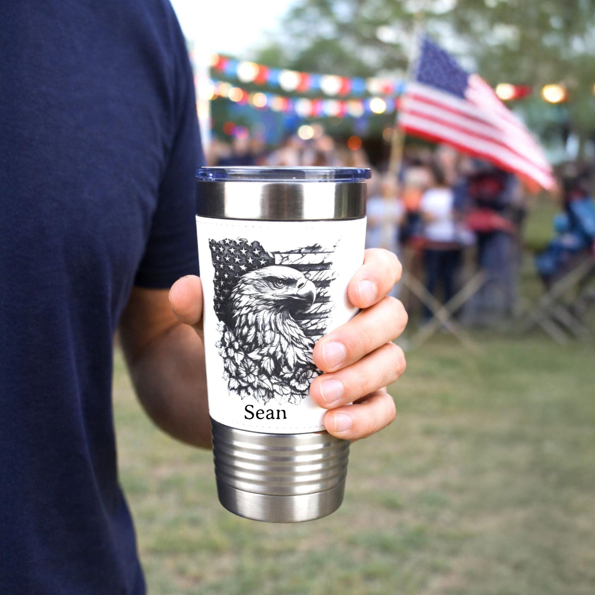 Patriotic Eagle & Flag Travel Tumbler – Personalized Name, Leather wrapped travel mug, Insulated Coffee Mug, Perfect Father's Day Gift