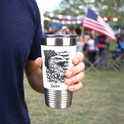 Patriotic Eagle & Flag Travel Tumbler – Personalized Name, Leather wrapped travel mug, Insulated Coffee Mug, Perfect Father's Day Gift