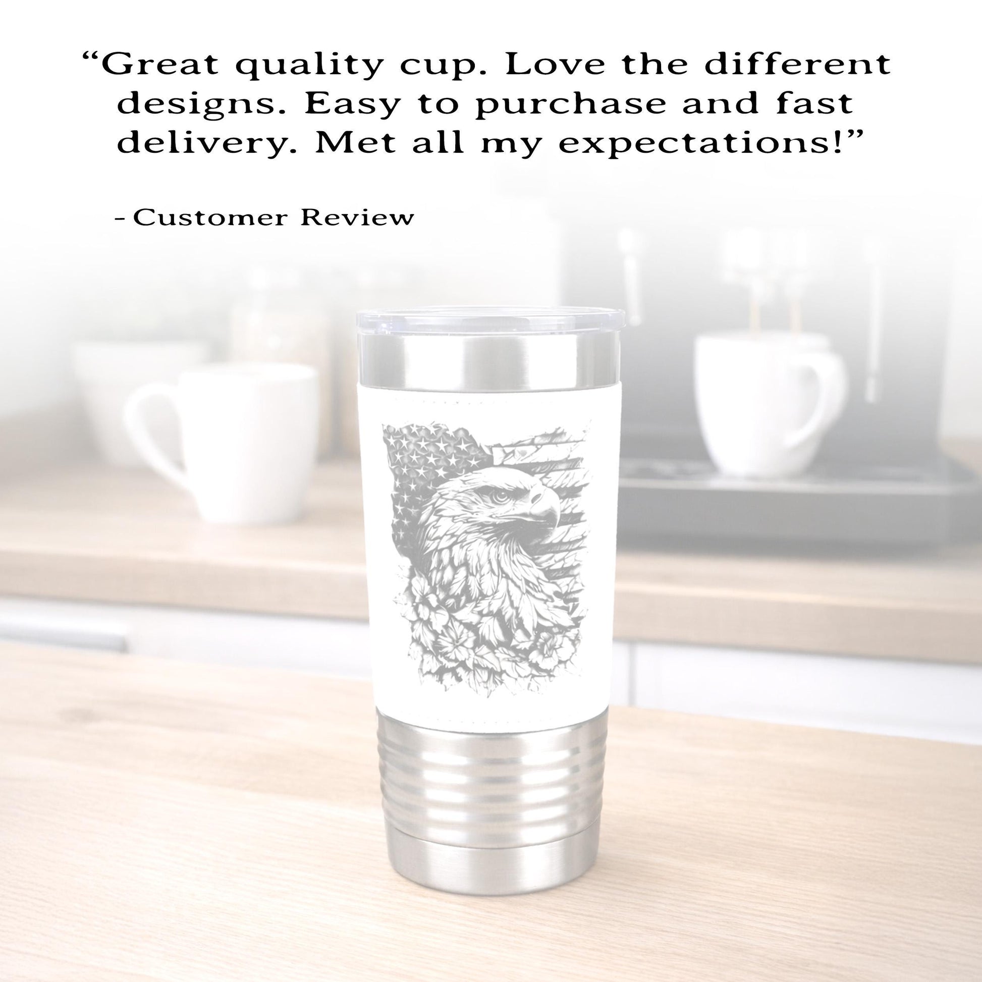 Patriotic Eagle & Flag Travel Tumbler – Personalized Name, Leather wrapped travel mug, Insulated Coffee Mug, Perfect Father's Day Gift