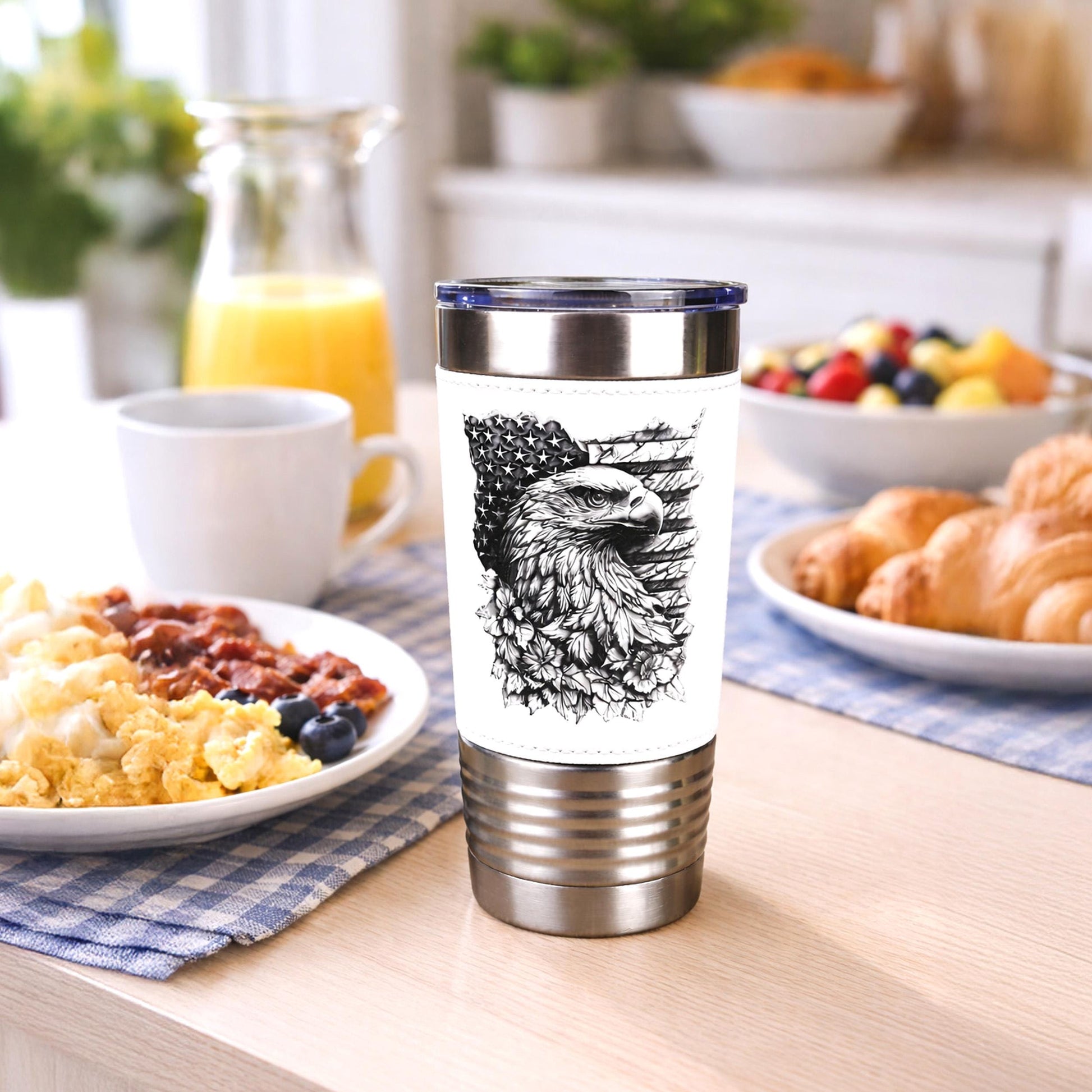 Patriotic Eagle & Flag Travel Tumbler – Personalized Name, Leather wrapped travel mug, Insulated Coffee Mug, Perfect Father's Day Gift