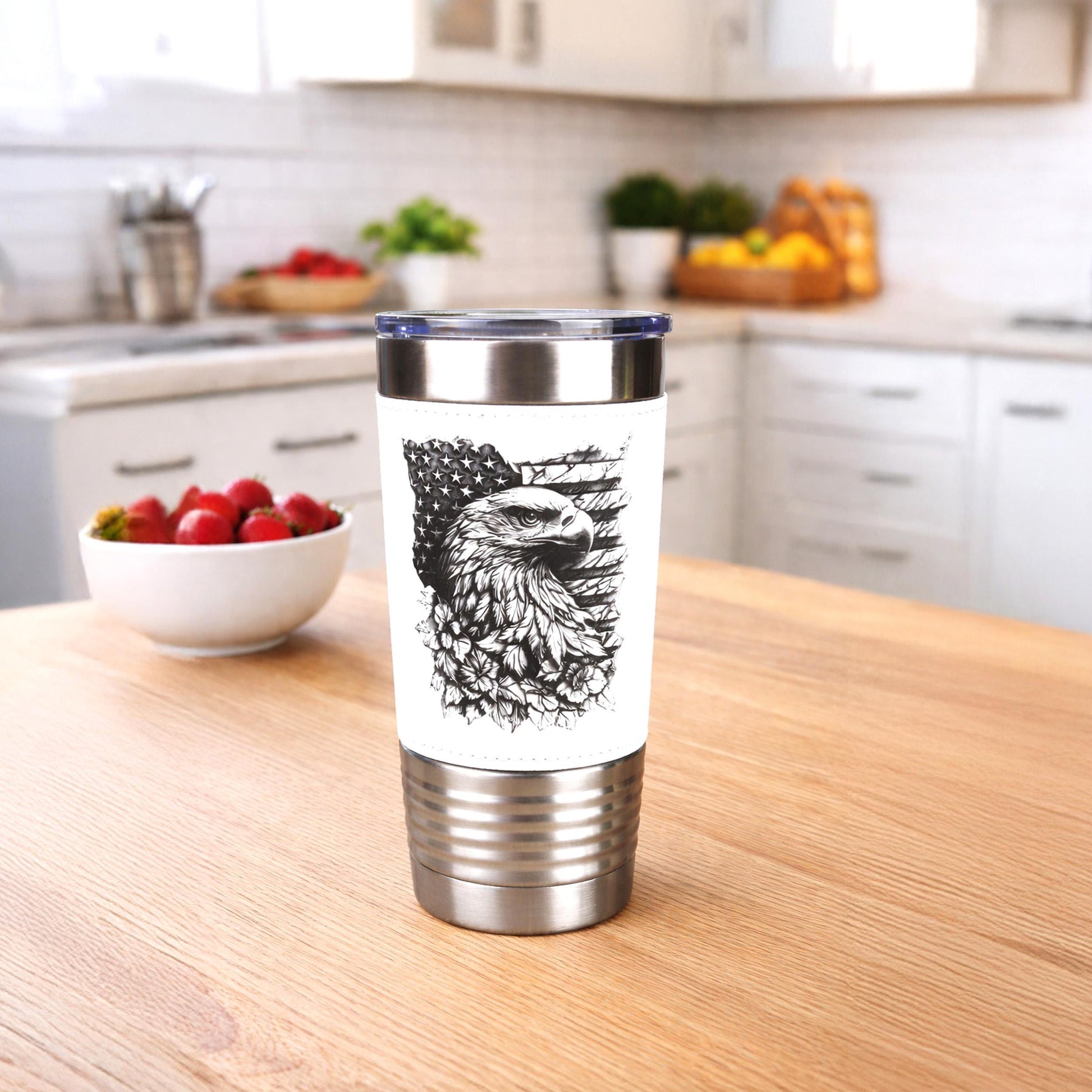 Patriotic Eagle & Flag Travel Tumbler – Personalized Name, Leather wrapped travel mug, Insulated Coffee Mug, Perfect Father's Day Gift