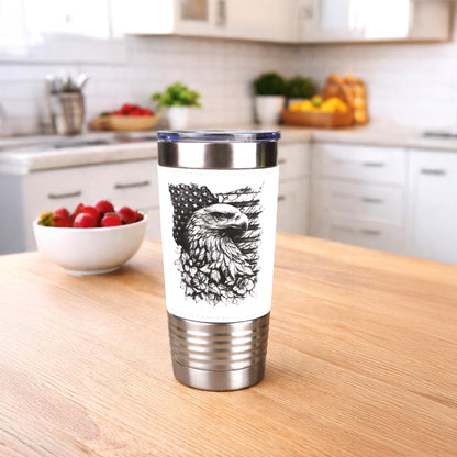 Patriotic Eagle & Flag Travel Tumbler – Personalized Name, Leather wrapped travel mug, Insulated Coffee Mug, Perfect Father's Day Gift
