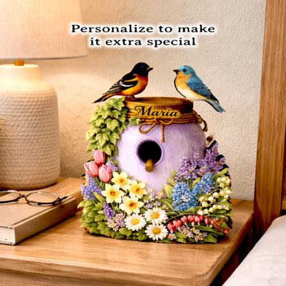 Personalized Purple Mason Jar Birdhouse Shelf Sitter – Spring Flowers and Chickadees – Custom Name Kids Room Decor Mantel & Tiered Tray