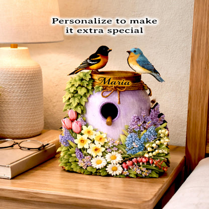 Personalized Purple Mason Jar Birdhouse Shelf Sitter – Spring Flowers and Chickadees – Custom Name Kids Room Decor Mantel & Tiered Tray