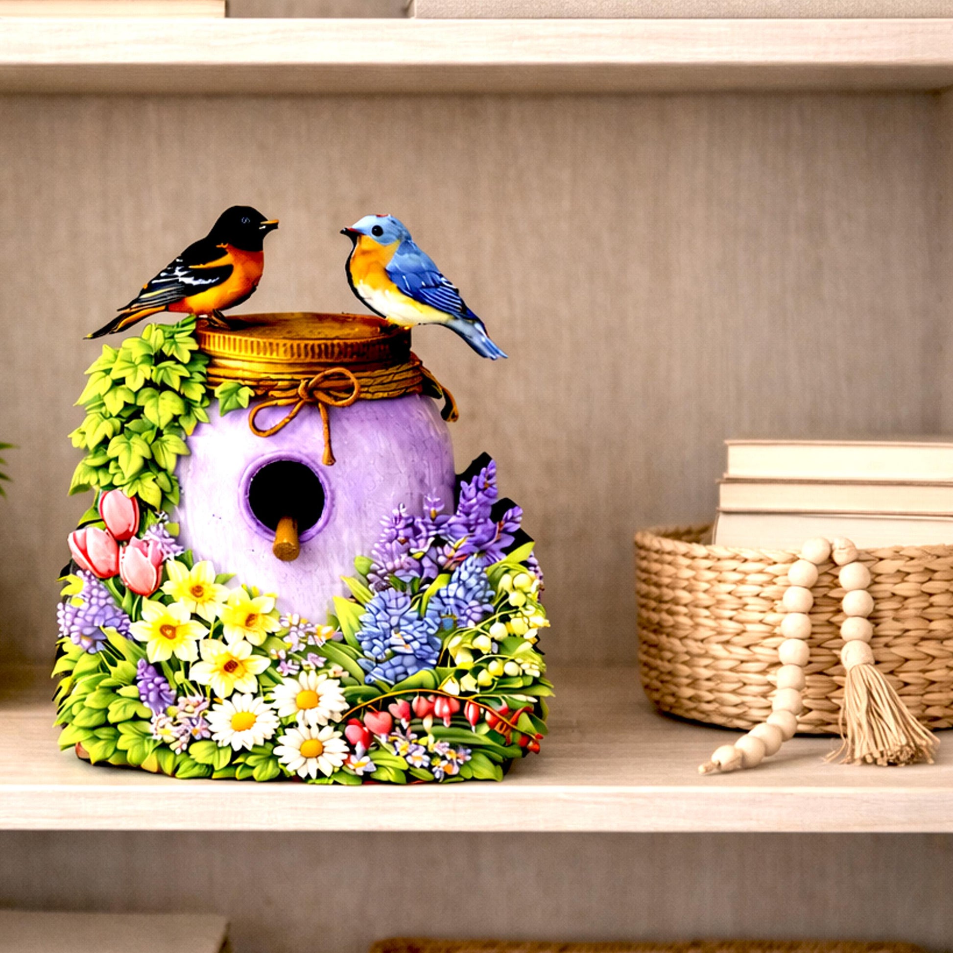 Personalized Purple Mason Jar Birdhouse Shelf Sitter – Spring Flowers and Chickadees – Custom Name Kids Room Decor Mantel & Tiered Tray