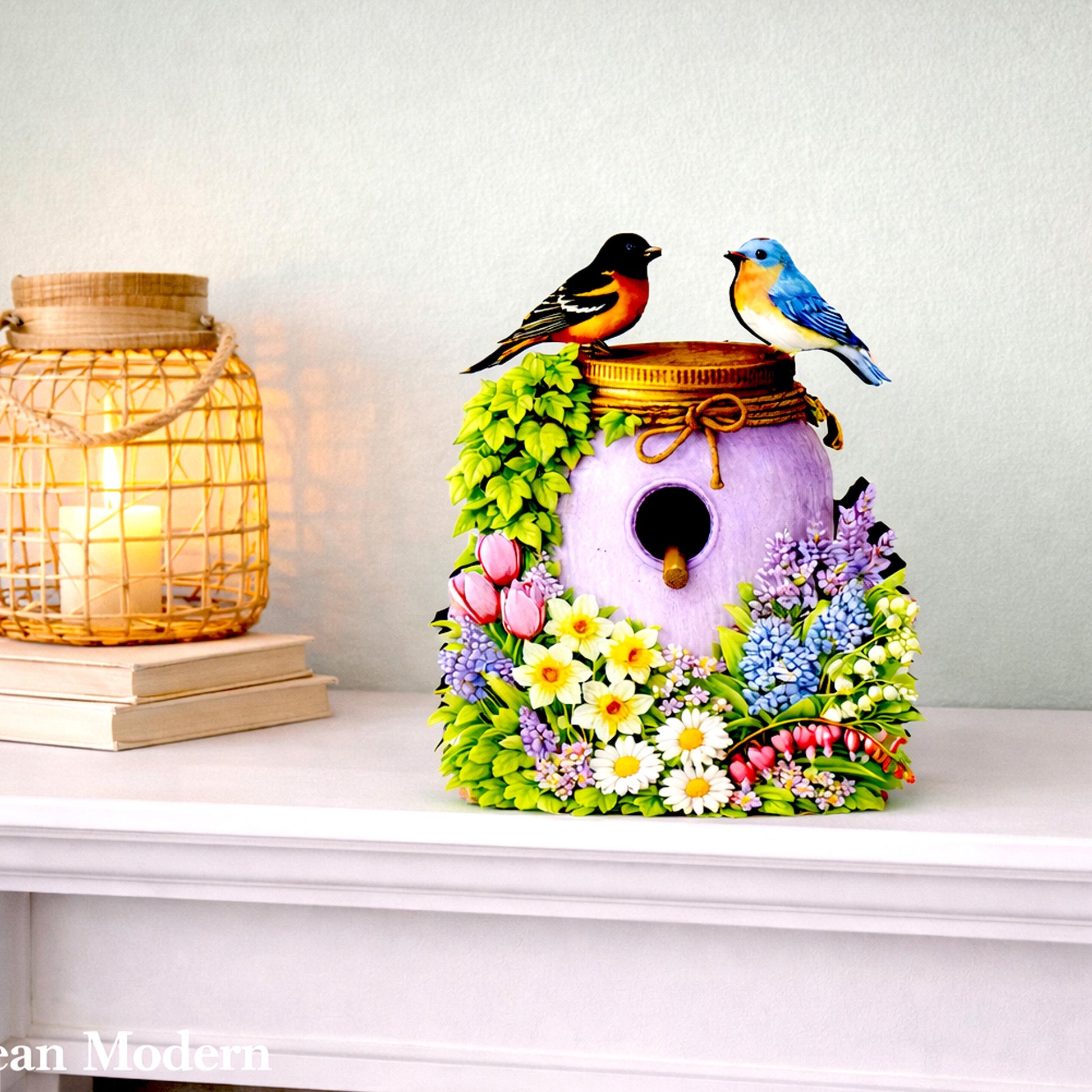 Personalized Purple Mason Jar Birdhouse Shelf Sitter – Spring Flowers and Chickadees – Custom Name Kids Room Decor Mantel & Tiered Tray