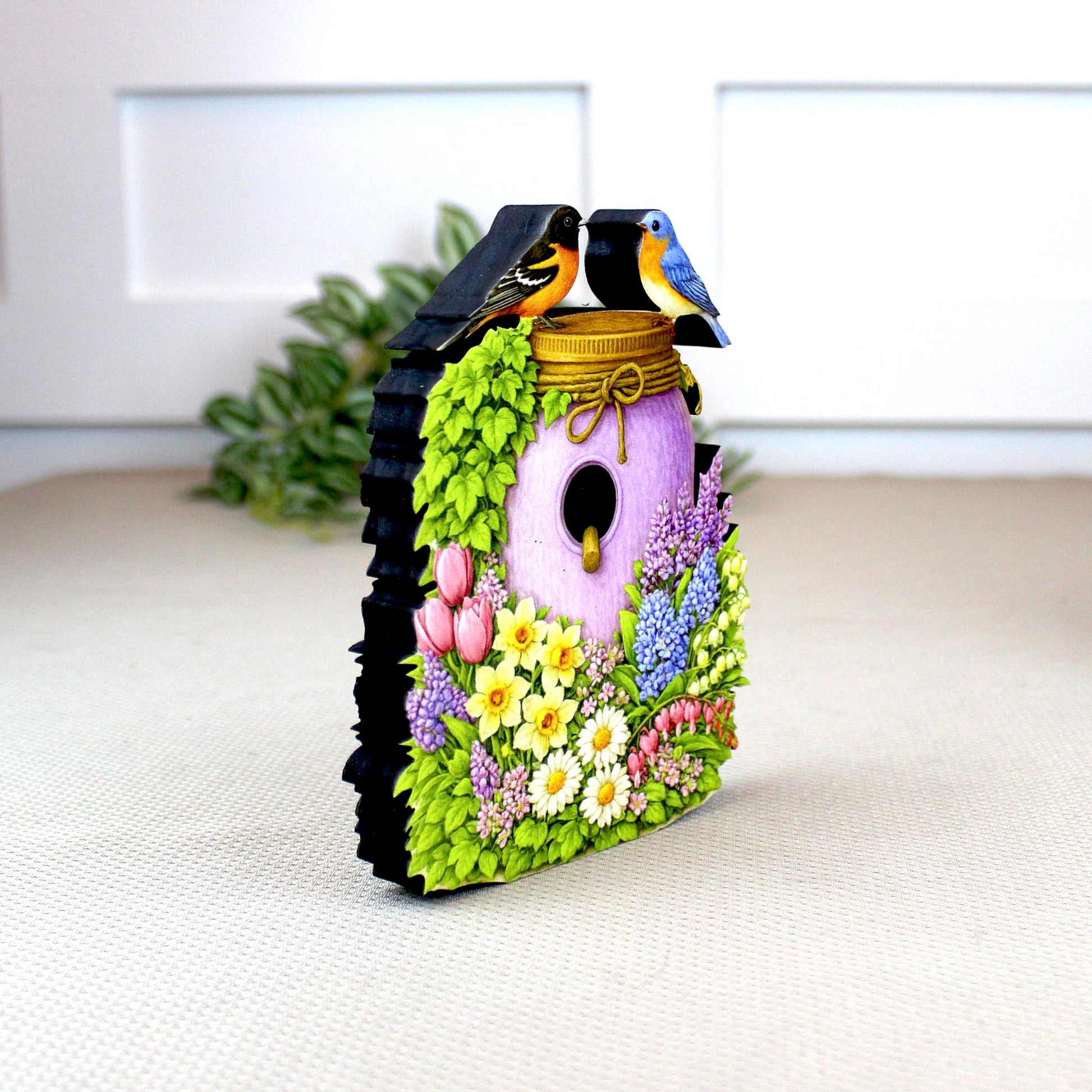 Personalized Purple Mason Jar Birdhouse Shelf Sitter – Spring Flowers and Chickadees – Custom Name Kids Room Decor Mantel & Tiered Tray
