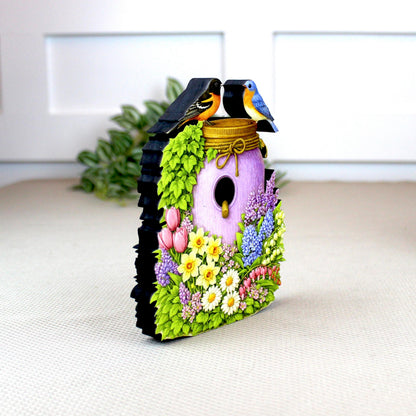 Personalized Purple Mason Jar Birdhouse Shelf Sitter – Spring Flowers and Chickadees – Custom Name Kids Room Decor Mantel & Tiered Tray