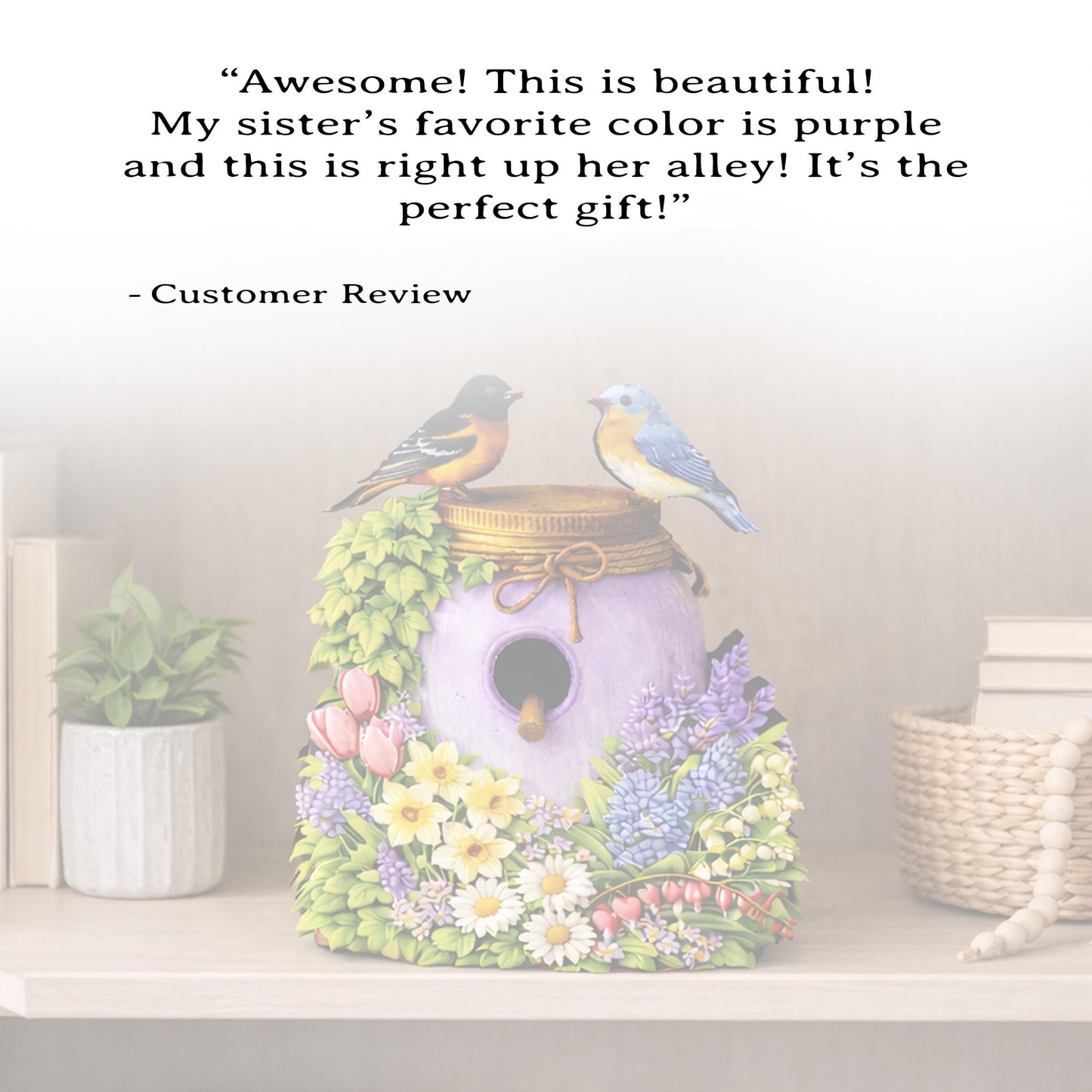 Personalized Purple Mason Jar Birdhouse Shelf Sitter – Spring Flowers and Chickadees – Custom Name Kids Room Decor Mantel & Tiered Tray