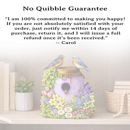 Personalized Purple Mason Jar Birdhouse Shelf Sitter – Spring Flowers and Chickadees – Custom Name Kids Room Decor Mantel & Tiered Tray