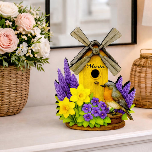 Personalized Windmill Birdhouse Shelf Sitter – Violet and Yellow Spring Flowers – Custom Name Kids Room Decor, Wooden Mantel & Tiered Tray