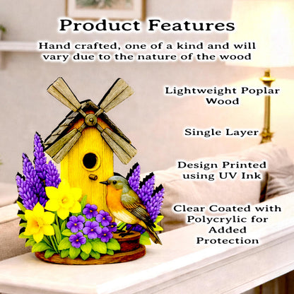 Personalized Windmill Birdhouse Shelf Sitter – Violet and Yellow Spring Flowers – Custom Name Kids Room Decor, Wooden Mantel & Tiered Tray