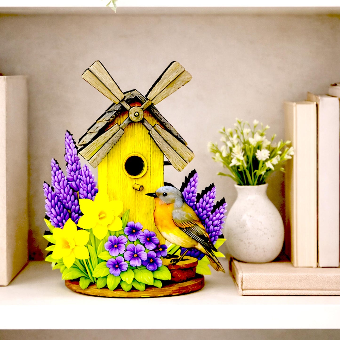 Personalized Windmill Birdhouse Shelf Sitter – Violet and Yellow Spring Flowers – Custom Name Kids Room Decor, Wooden Mantel & Tiered Tray