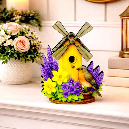 Personalized Windmill Birdhouse Shelf Sitter – Violet and Yellow Spring Flowers – Custom Name Kids Room Decor, Wooden Mantel & Tiered Tray