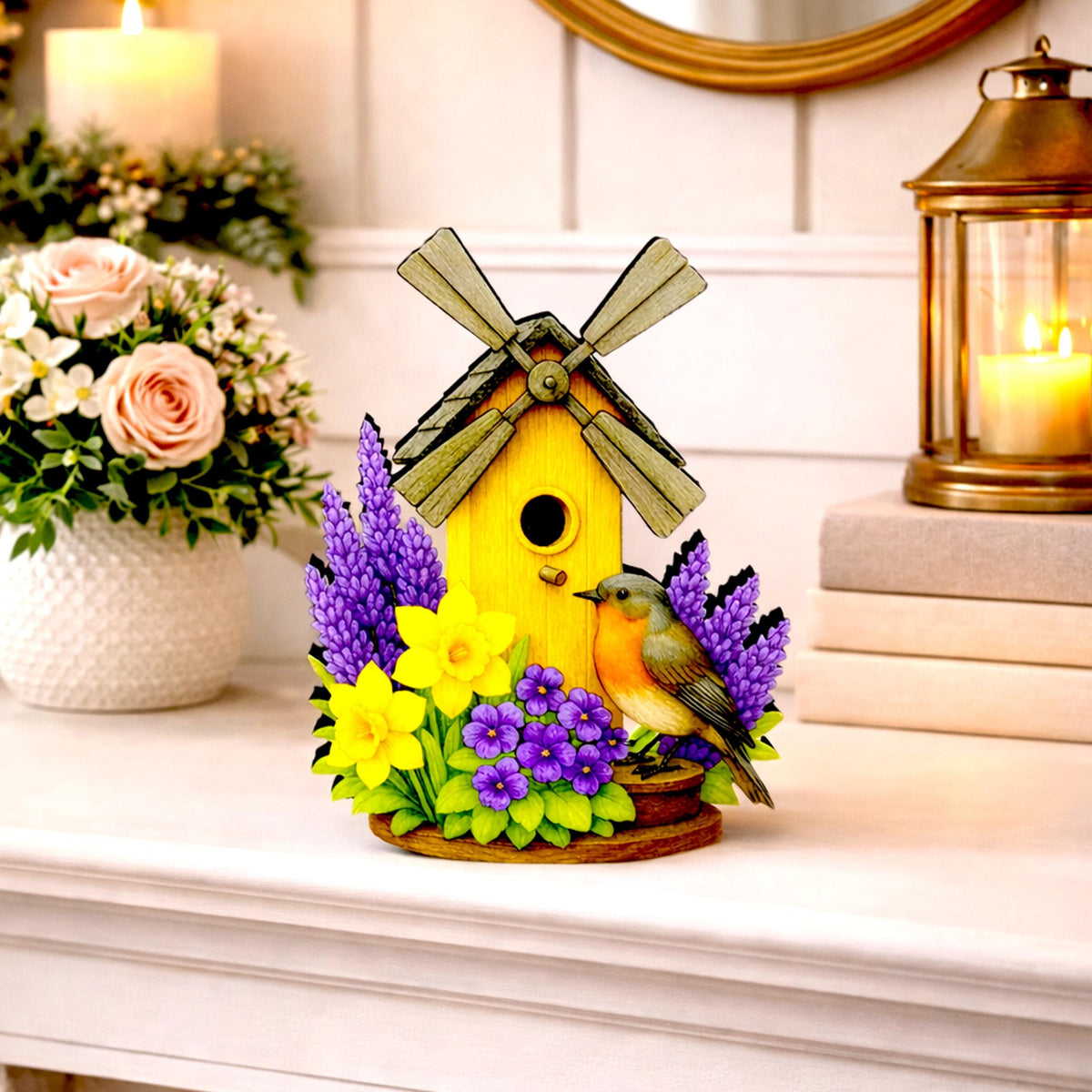 Personalized Windmill Birdhouse Shelf Sitter – Violet and Yellow Spring Flowers – Custom Name Kids Room Decor, Wooden Mantel & Tiered Tray