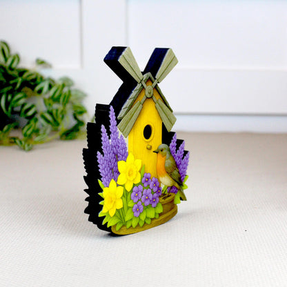 Personalized Windmill Birdhouse Shelf Sitter – Violet and Yellow Spring Flowers – Custom Name Kids Room Decor, Wooden Mantel & Tiered Tray
