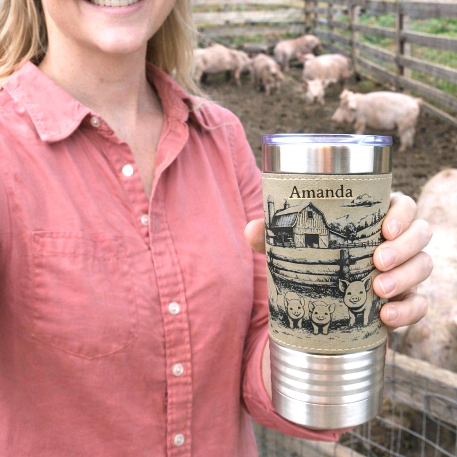 Pig Farm Engraved 20 oz Travel Tumbler – Personalized Leatherette Wrap, Custom Name, Leatherette Wrap, Perfect Pig Lovers Gift