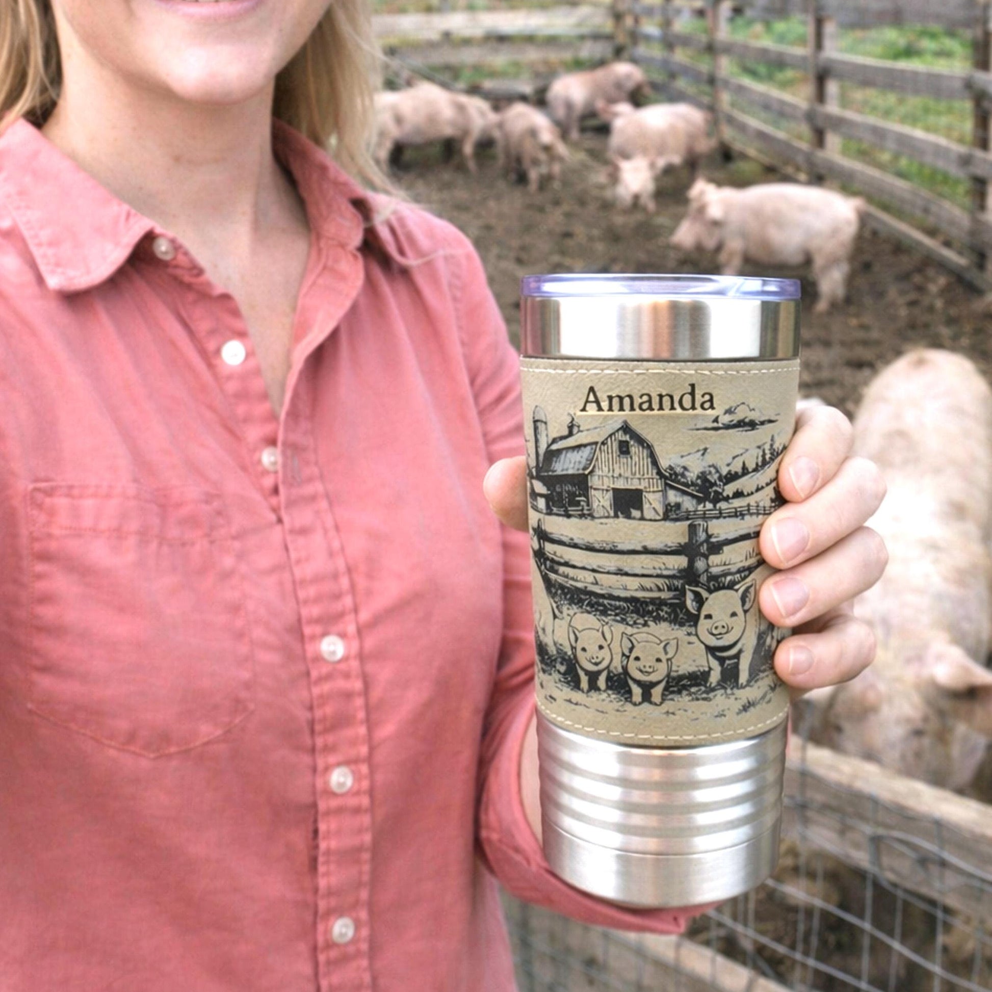Pig Farm Engraved 20 oz Travel Tumbler – Personalized Leatherette Wrap, Custom Name, Leatherette Wrap, Perfect Pig Lovers Gift