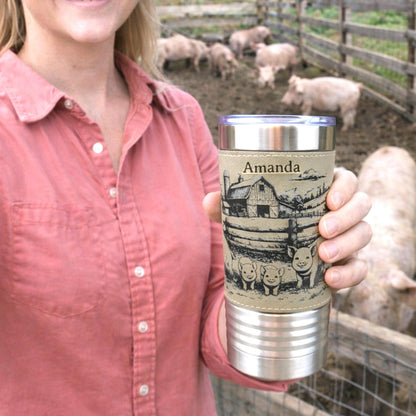 Pig Farm Engraved 20 oz Travel Tumbler – Personalized Leatherette Wrap, Custom Name, Leatherette Wrap, Perfect Pig Lovers Gift