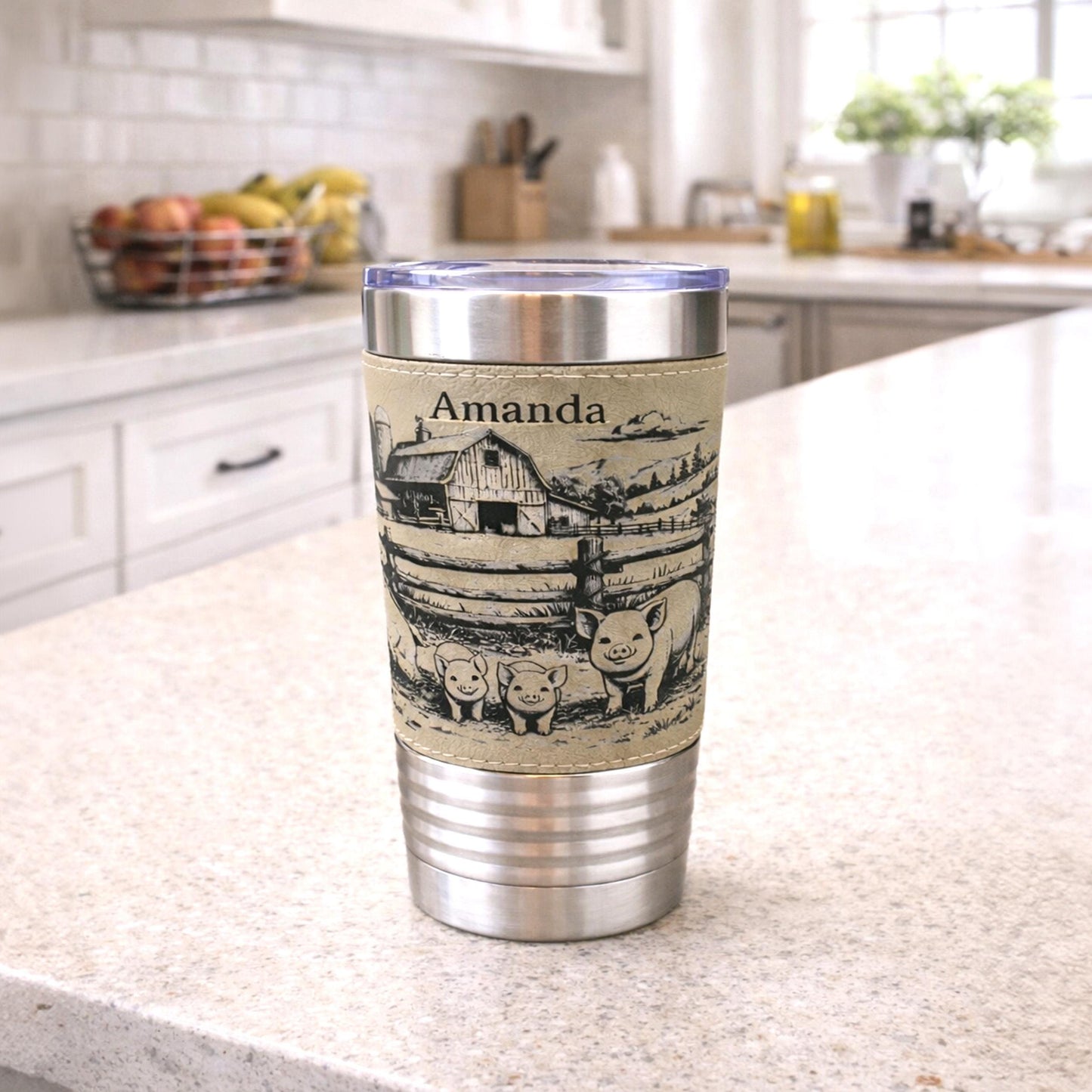 Pig Farm Engraved 20 oz Travel Tumbler – Personalized Leatherette Wrap, Custom Name, Leatherette Wrap, Perfect Pig Lovers Gift