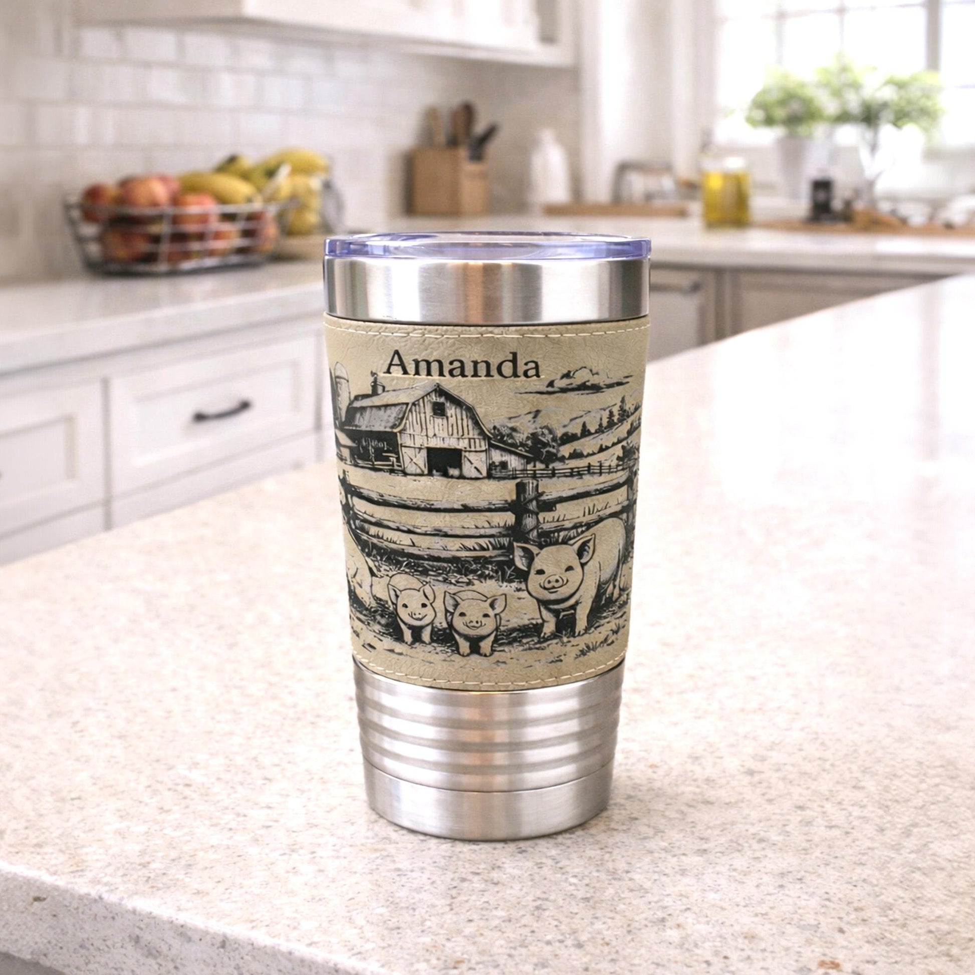 Pig Farm Engraved 20 oz Travel Tumbler – Personalized Leatherette Wrap, Custom Name, Leatherette Wrap, Perfect Pig Lovers Gift