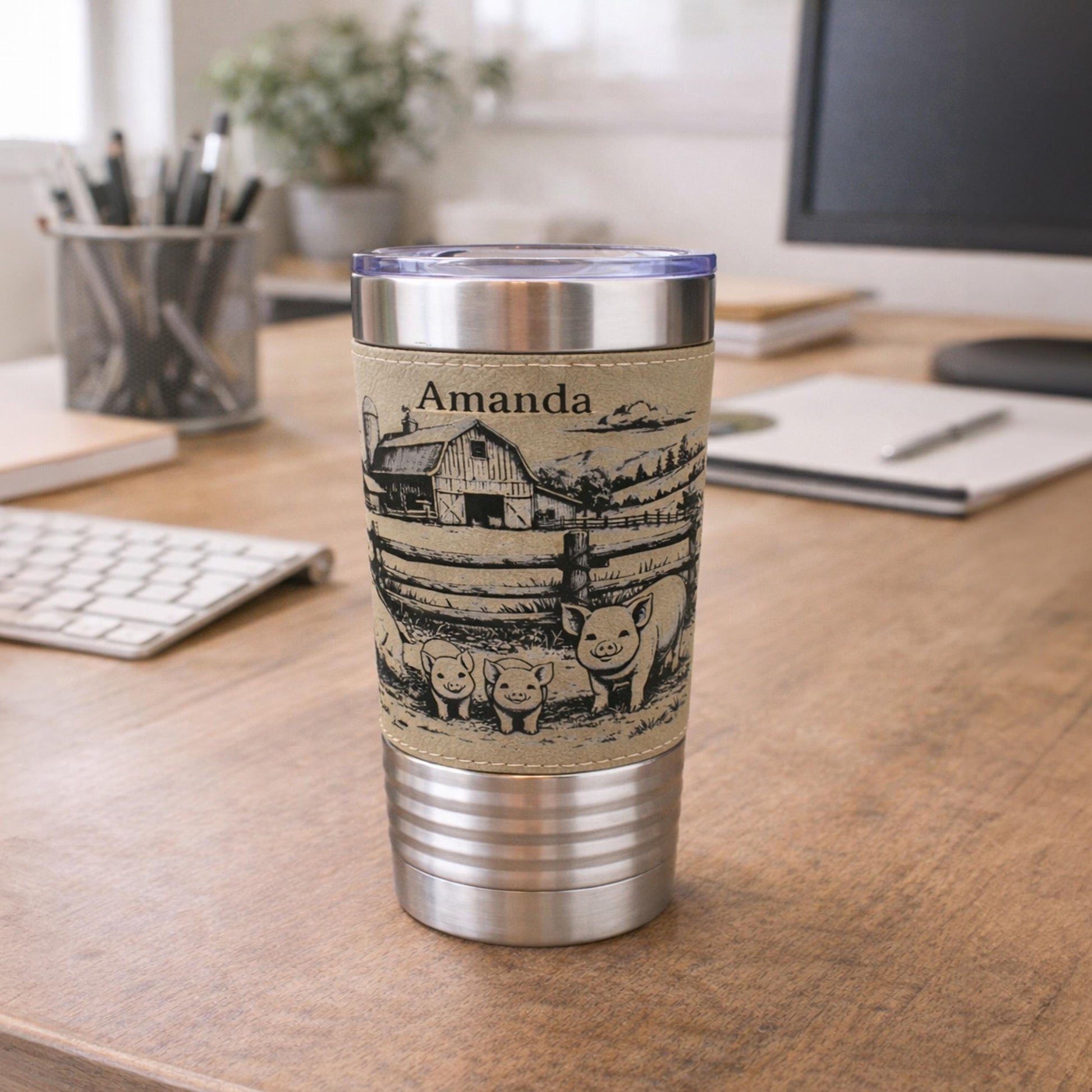 Pig Farm Engraved 20 oz Travel Tumbler – Personalized Leatherette Wrap, Custom Name, Leatherette Wrap, Perfect Pig Lovers Gift