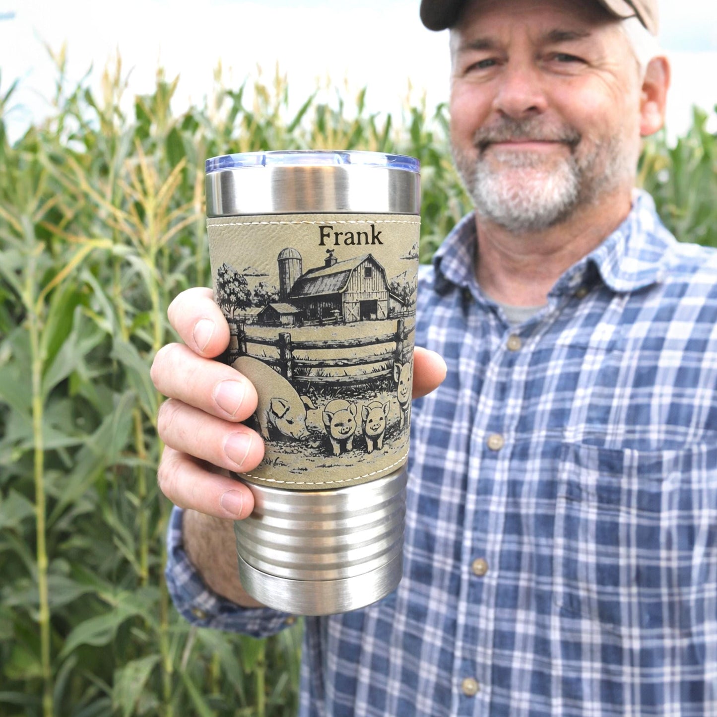 Pig Farm Engraved 20 oz Travel Tumbler – Personalized Leatherette Wrap, Custom Name, Leatherette Wrap, Perfect Pig Lovers Gift