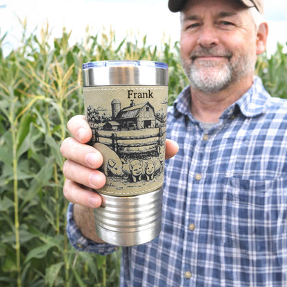 Pig Farm Engraved 20 oz Travel Tumbler – Personalized Leatherette Wrap, Custom Name, Leatherette Wrap, Perfect Pig Lovers Gift