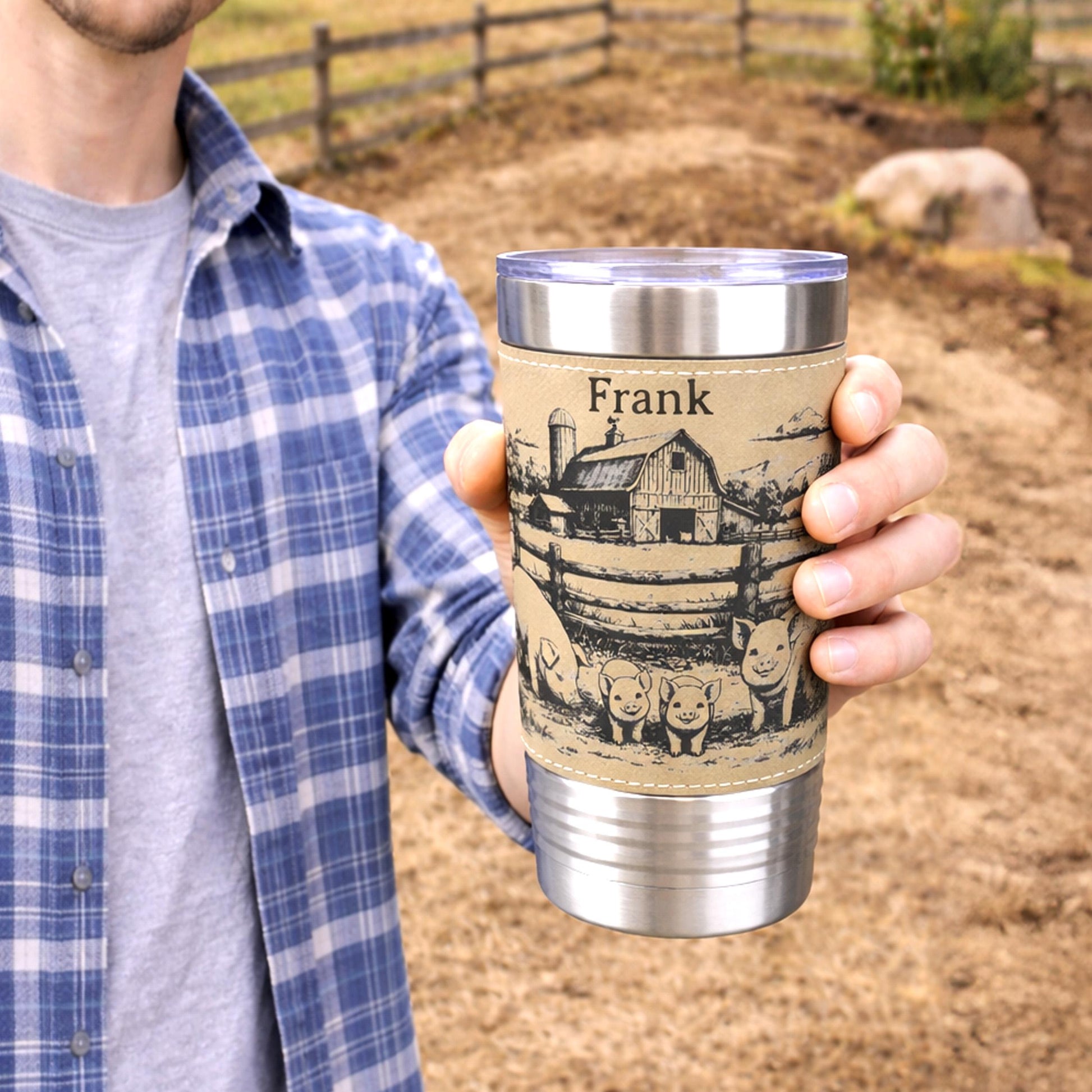 Pig Farm Engraved 20 oz Travel Tumbler – Personalized Leatherette Wrap, Custom Name, Leatherette Wrap, Perfect Pig Lovers Gift