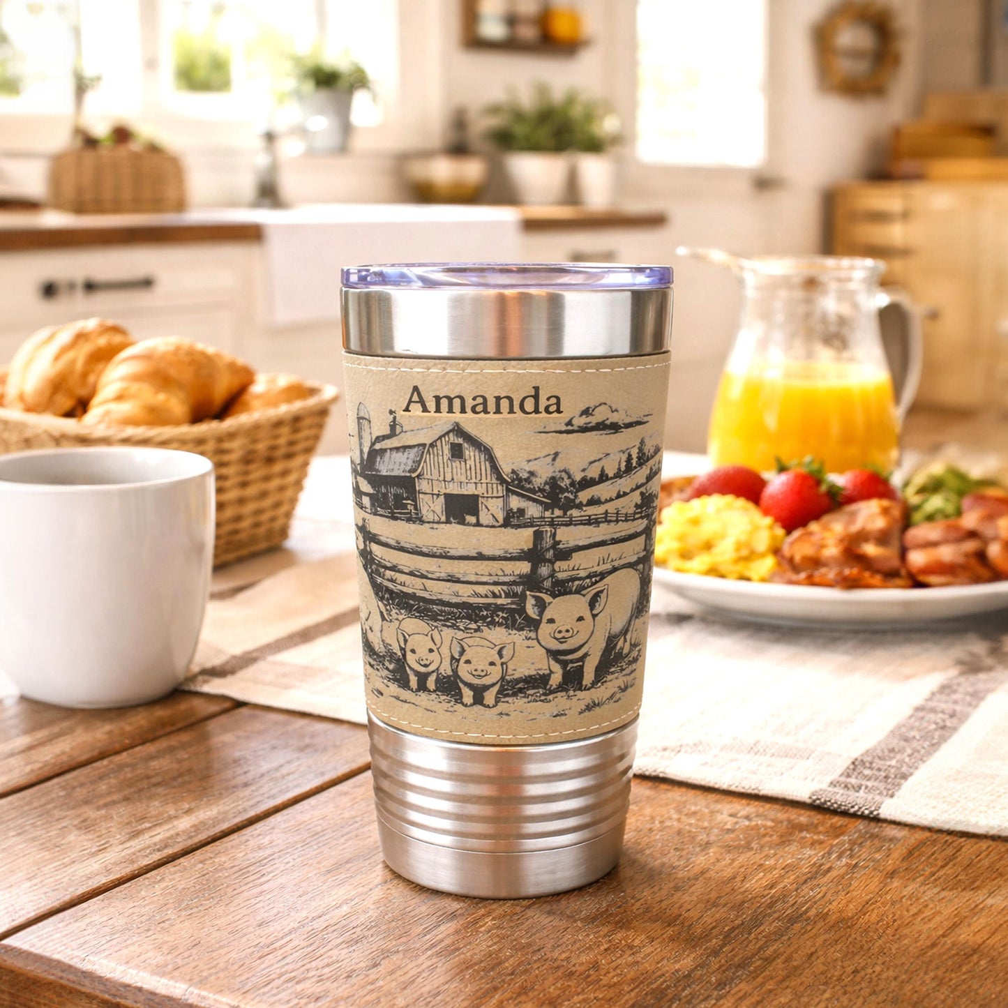 Pig Farm Engraved 20 oz Travel Tumbler – Personalized Leatherette Wrap, Custom Name, Leatherette Wrap, Perfect Pig Lovers Gift