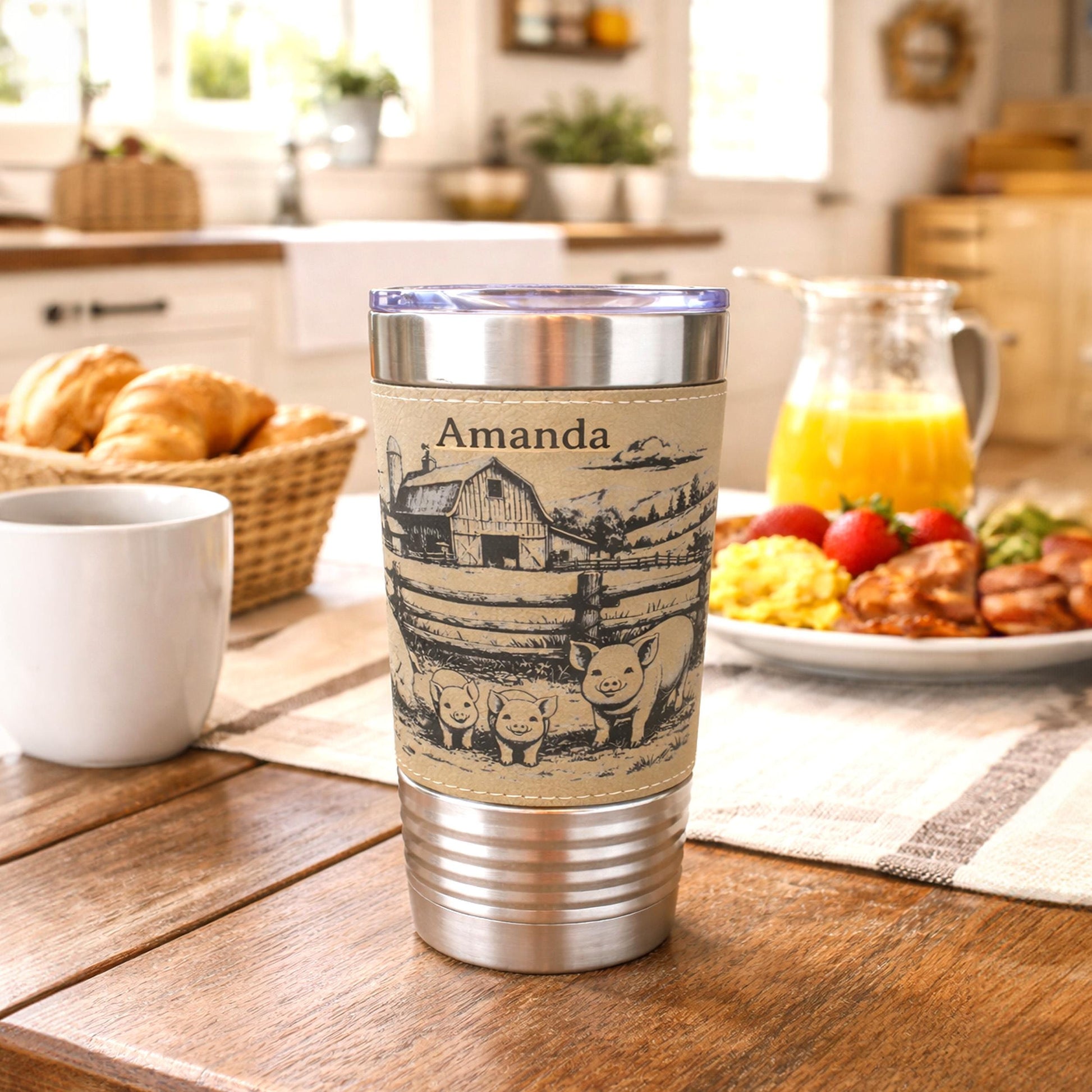Pig Farm Engraved 20 oz Travel Tumbler – Personalized Leatherette Wrap, Custom Name, Leatherette Wrap, Perfect Pig Lovers Gift