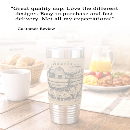 Pig Farm Engraved 20 oz Travel Tumbler – Personalized Leatherette Wrap, Custom Name, Leatherette Wrap, Perfect Pig Lovers Gift